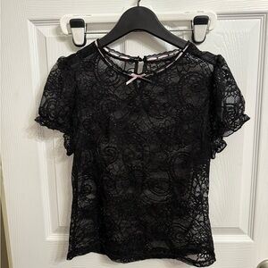 Black Sheer Lace Top Pink Ribbon Bow Gothic Coquette Y2K small/medium romantic